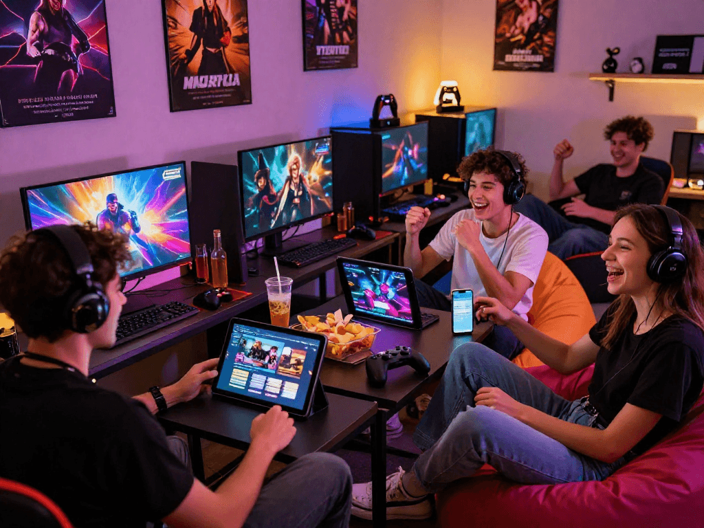 Players enjoying immersive porn games in a cozy gaming lounge with various devices.