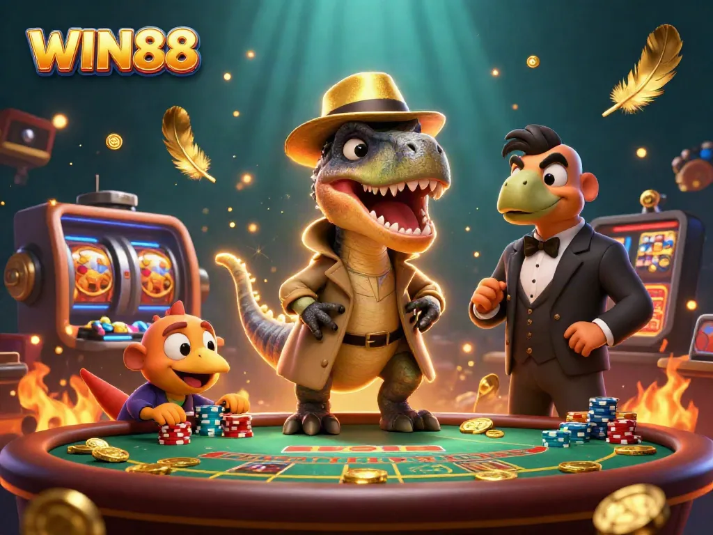 Win88 velociraptor card counter and stegosaurus pit boss at a vibrant blackjack table