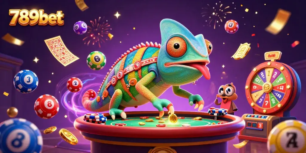 Engaging scene of 789bet with a chameleon casino owner capturing coins, vibrant lottery elements everywhere.