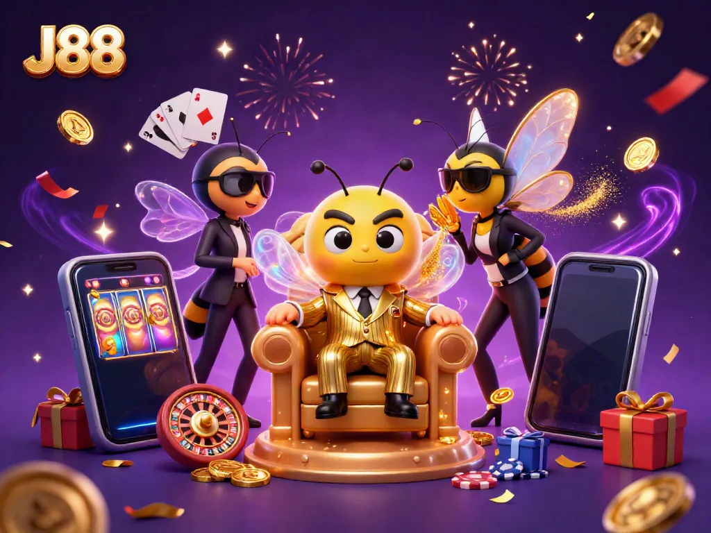 Engage with thrilling slot games in a vibrant J88 casino world featuring a bumblebee mob boss.