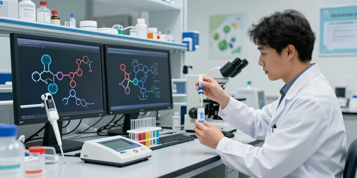 Researcher measuring peptides from SwissChems in a modern laboratory for purity.