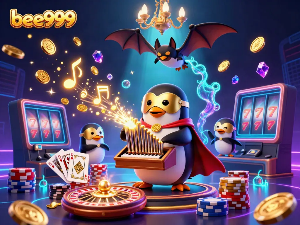 Experience excitement with bee999, featuring a penguin playing a pipe organ and golden coins cascading around.