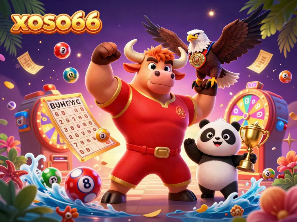 Experience the excitement of xoso66 with a victorious mascot, colorful lottery balls, and dynamic casino elements.