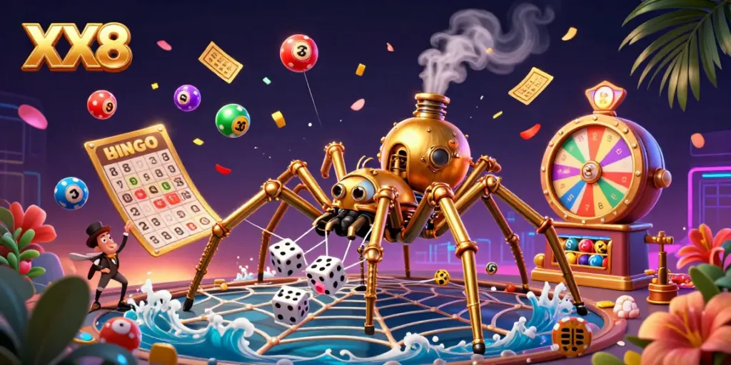 Dynamic illustration of the golden spider webbing together casino elements with spirited lottery balls, embodying the essence of XX8 gaming.