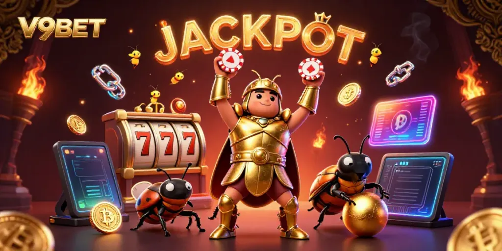 Join the excitement at V9BET with a victorious beetle lifting a poker chip amidst vibrant casino elements.