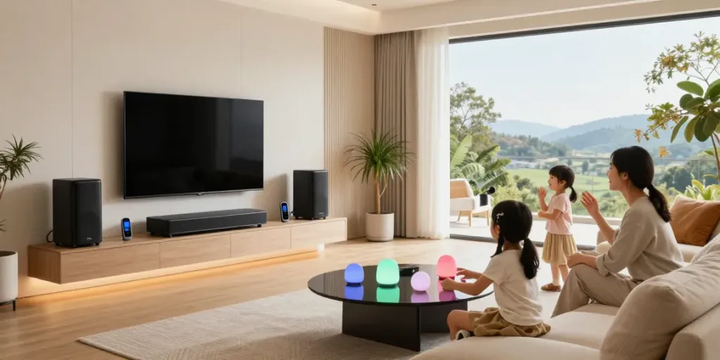 Smart family enjoying a connected living room with جهان اسمارت audio system and smart gadgets.