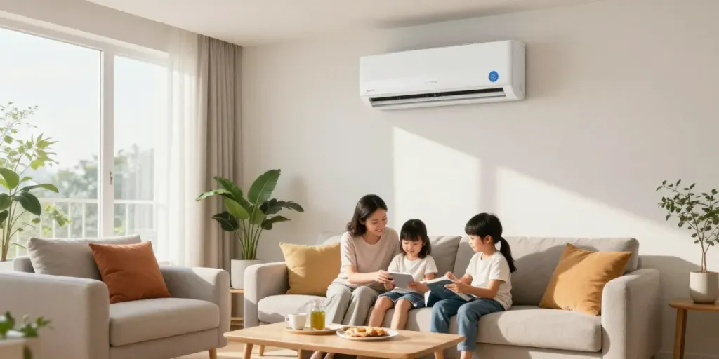 Cozy family living room with a mini split ac system providing ideal comfort