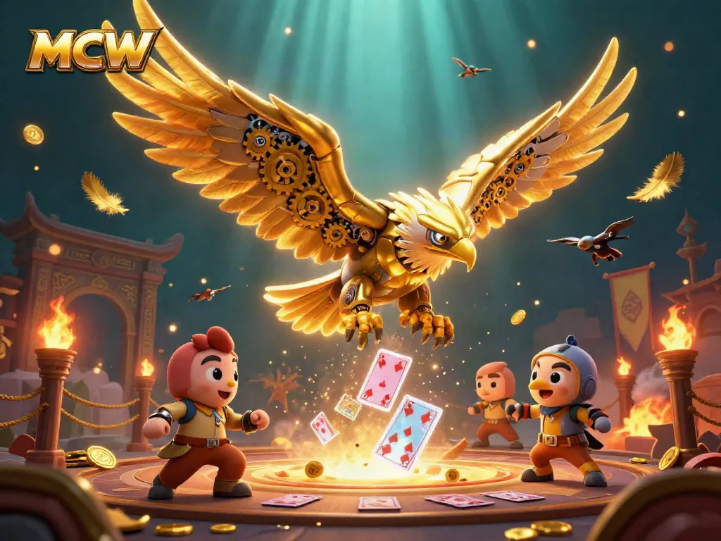 MCW captures the essence of gambling excitement with a cybernetic eagle amidst vibrant casino elements.