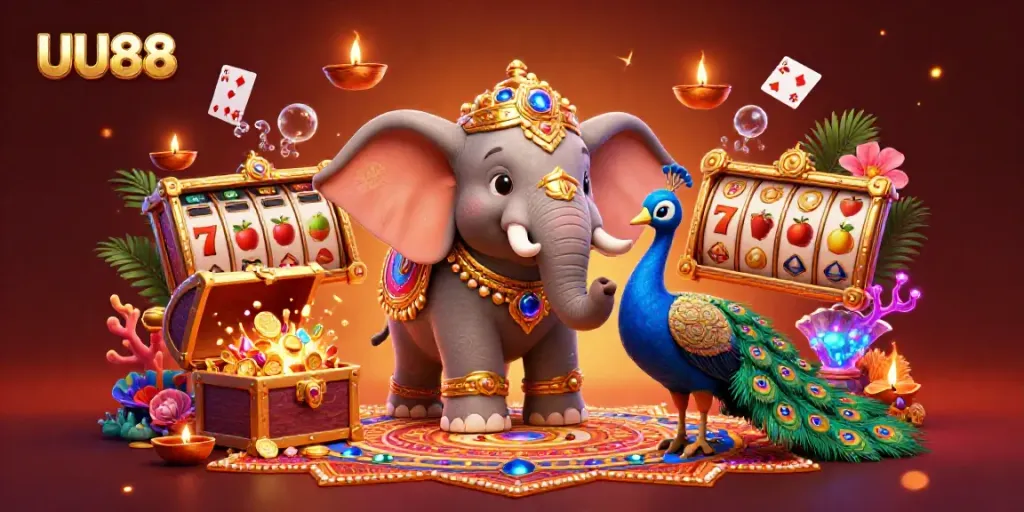 Experience exciting casino action with UU88's colorful 3D elephant and vibrant slot machine elements.