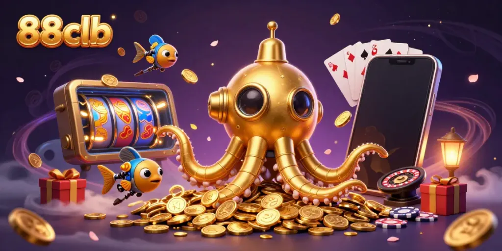 Engage with 88clb's exciting slot games and gambling world through this vibrant illustration.