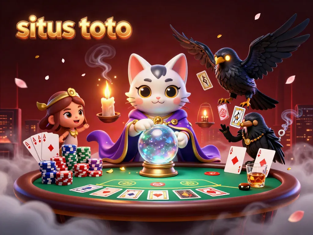 Engage with situs toto's vibrant casino scene featuring a cartoon mystic cat and raven amid poker excitement.