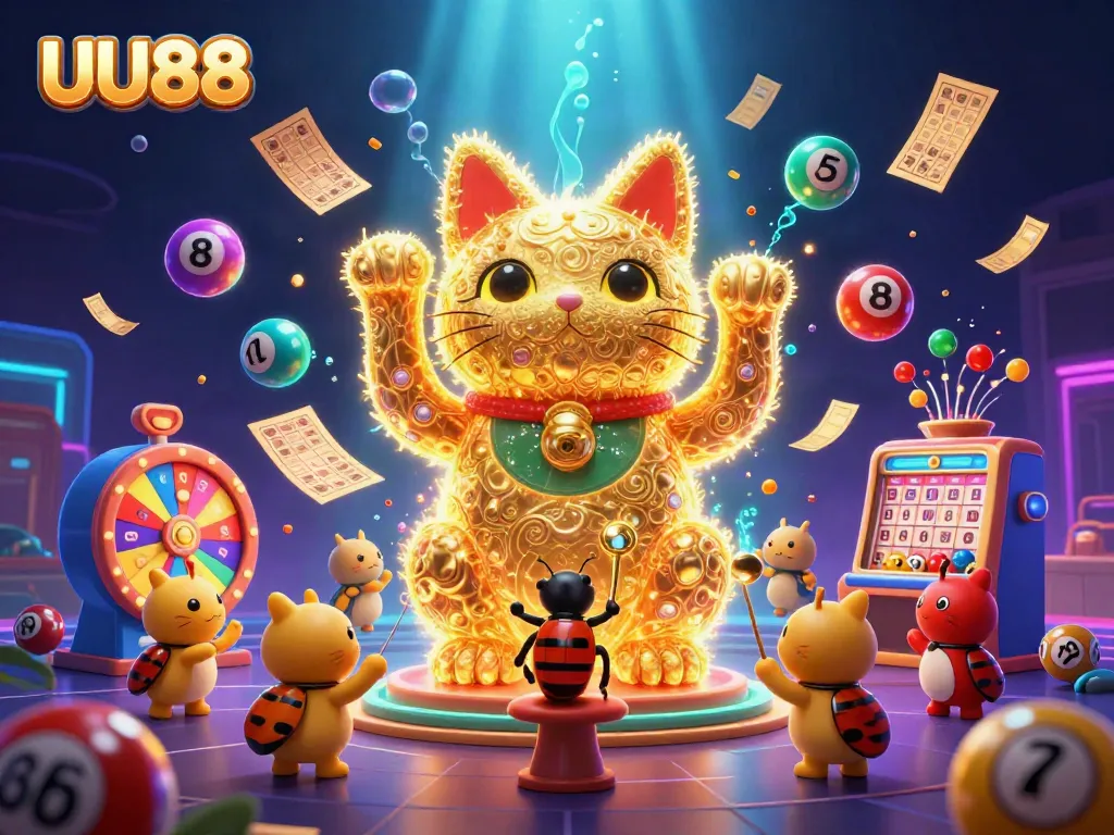 Experience the excitement of UU88 with a vibrant illustration featuring golden fireflies shaped as a lucky cat amidst dynamic casino elements.