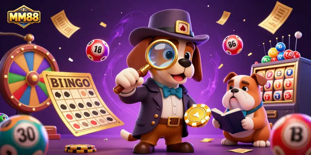 Engage with MM88's vibrant 3D casino scene featuring a detective and dynamic gaming elements.
