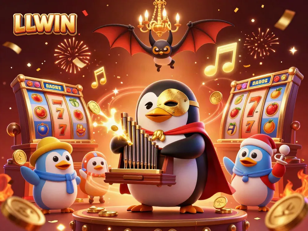 Experience the vibrant LLWIN casino scene with a penguin playing an organ, surrounded by jackpots and festive decorations.