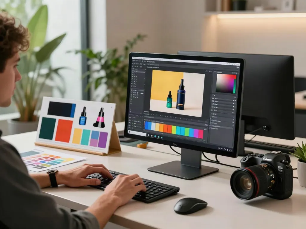 AI product photo generator in action, showcasing creative professional editing vibrant product images in modern workspace.