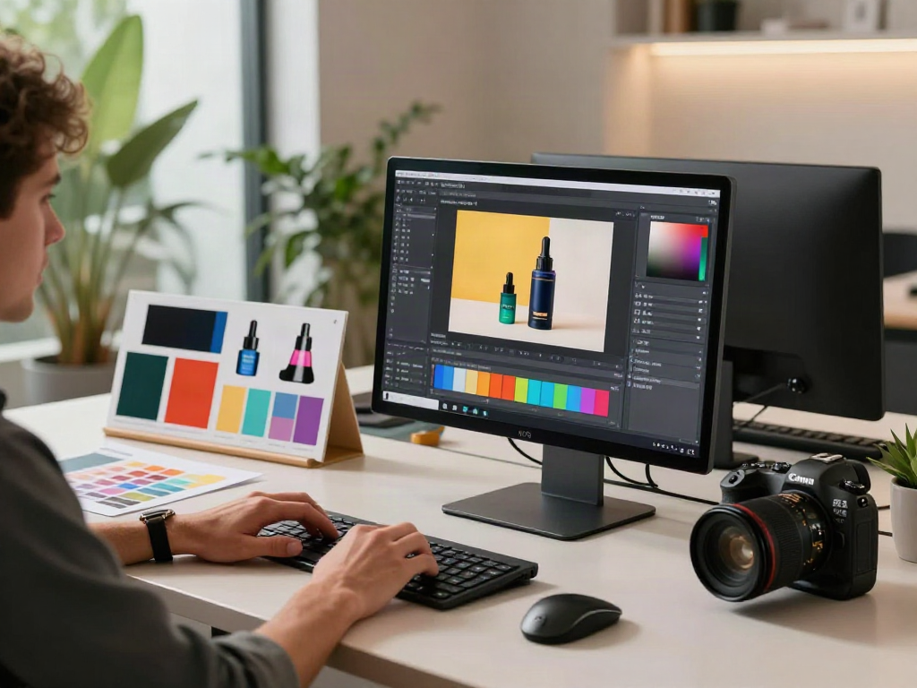 AI product photo generator in action, showcasing creative professional editing vibrant product images in modern workspace.