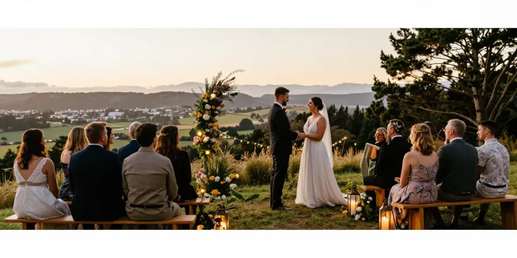 Authentic documentary wedding photographer in Dunedin capturing a couple's genuine vow exchange during twilight.