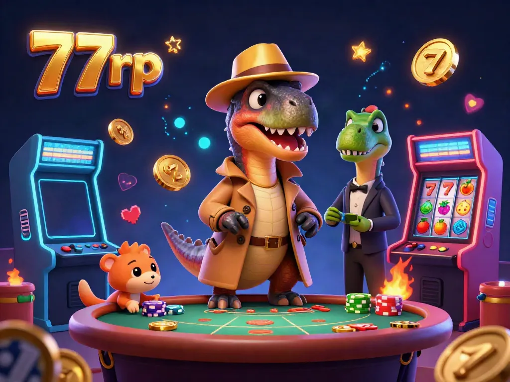 Experience thrilling gameplay at 77rp with animated dinosaurs engaging in blackjack amidst colorful casino elements.
