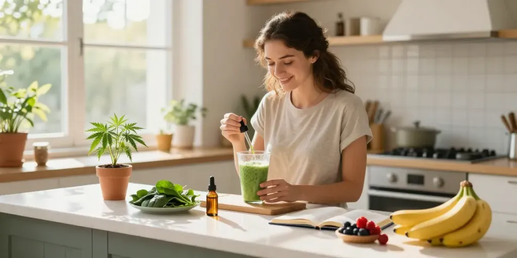sg lana CBD oil and smoothie ingredients in a bright kitchen wellness scene