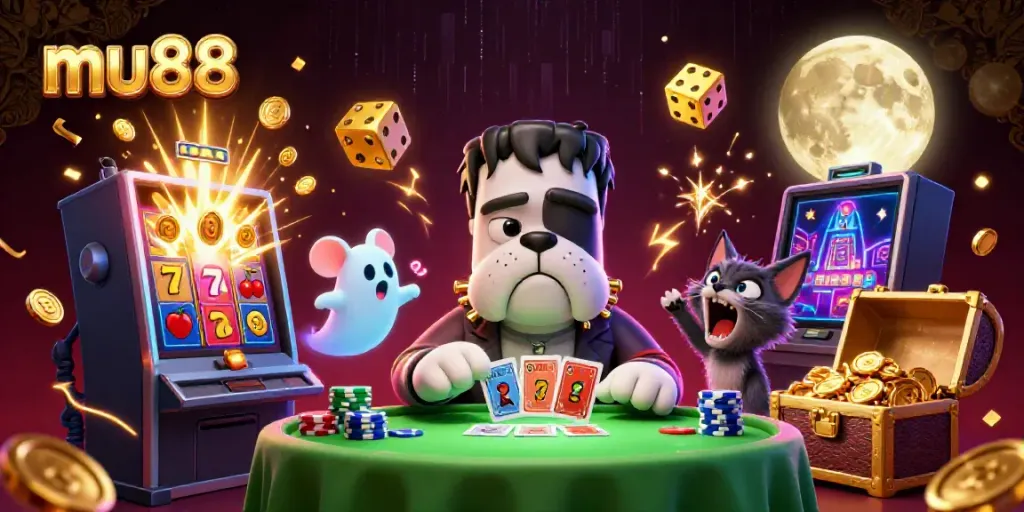 mu88 showcases a lively 3D casino scene with a Frankenstein bulldog monster dealing cards, bringing excitement in the gaming world.