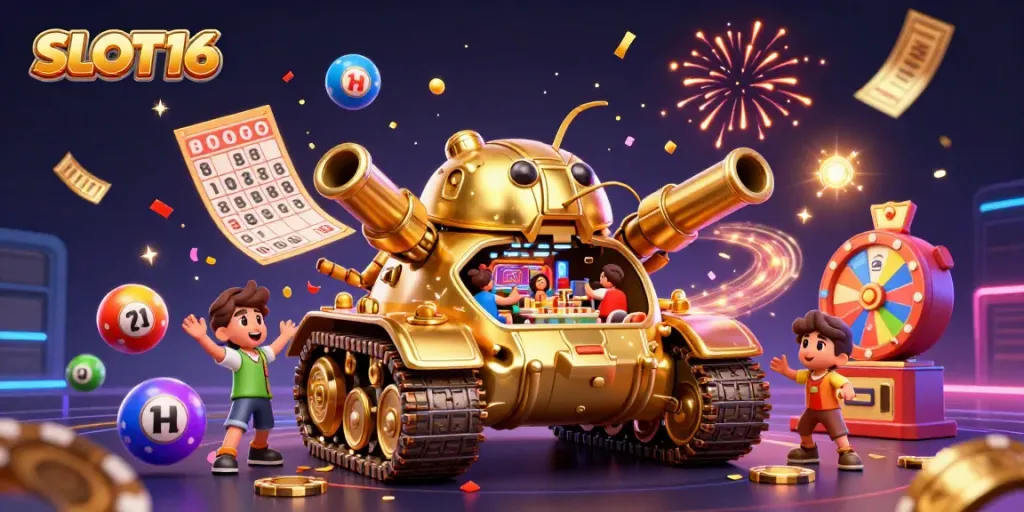 SLOT16 showcases a vibrant golden beetle tank casino bursting with excitement, colorful games and prizes.
