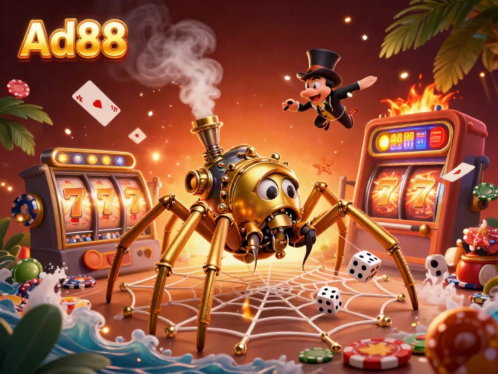 Ad88 captivates players with a vibrant illustration of a steampunk spider weaving a golden web amidst lively casino elements.