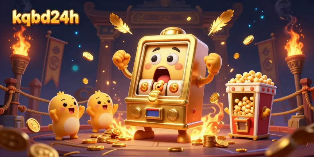 Crown your winnings with kqbd24h's exciting cartoon slot machine scene bursting with golden coins and dynamic elements.