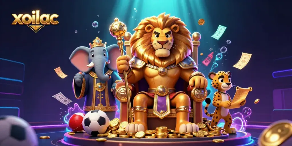 Xoilac vividly illustrates a fierce lion king and companions in a lively sports betting scene.