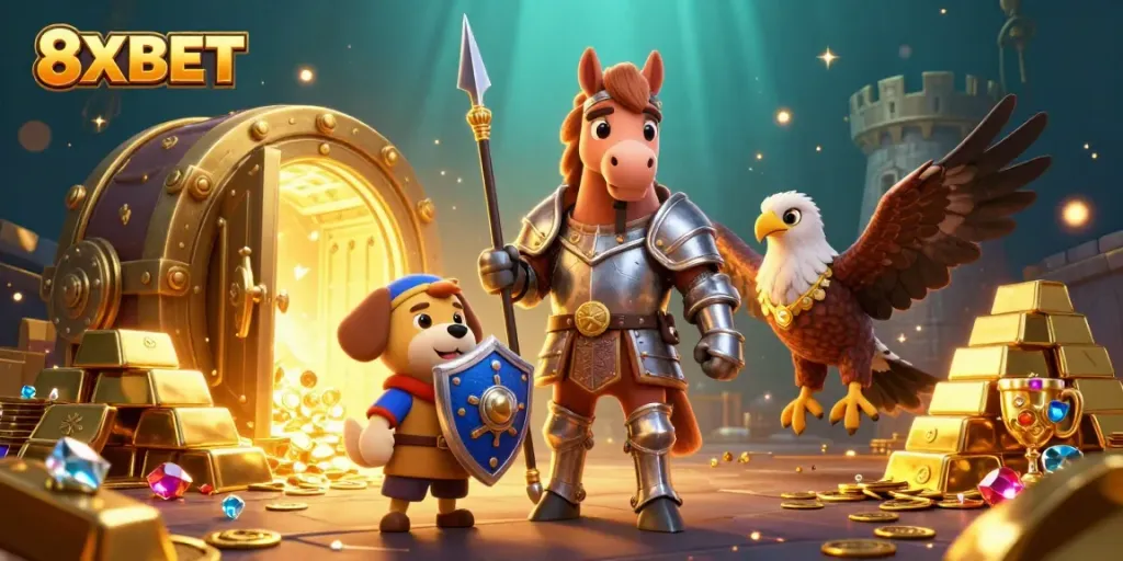 Experience wins with 8XBET in a vibrant 3D casino adventure featuring characters and treasures.