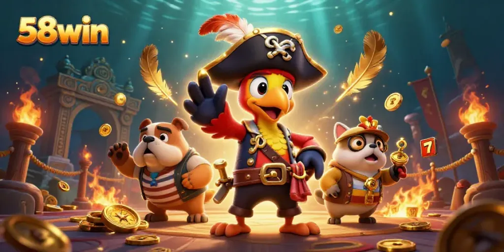 Bettors enjoy the thrill of 58win in a vibrant pirate-themed casino scene.