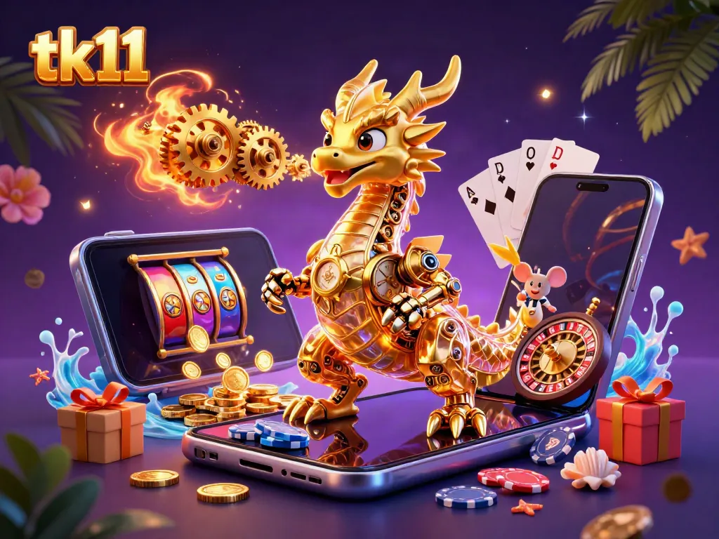 Step into the excitement of tk11 with a vibrant dragon and slot game elements.