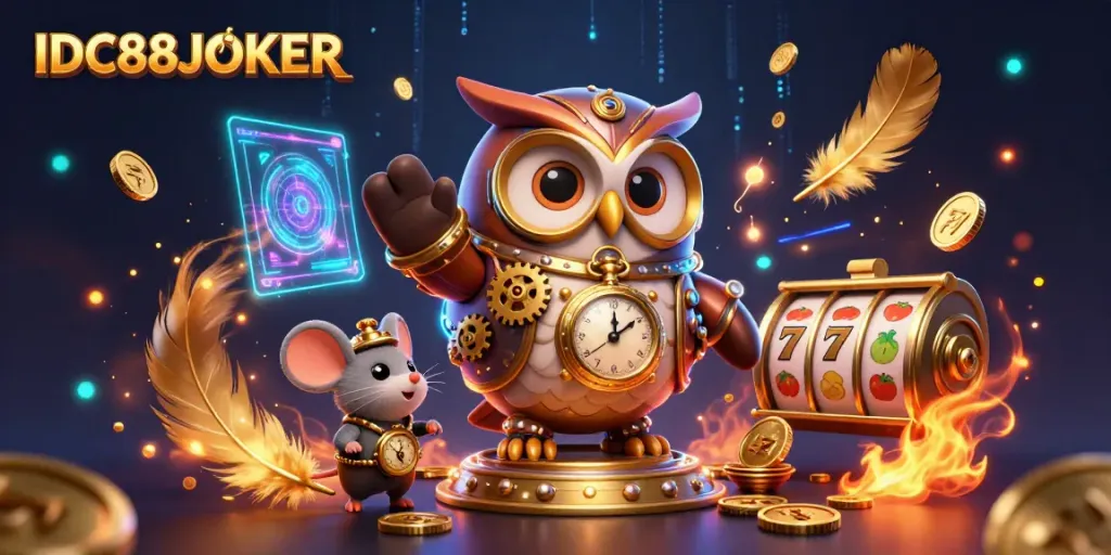 Engage with IDC88JOKER through an immersive gaming scene featuring a time-traveler owl and vibrant casino elements.