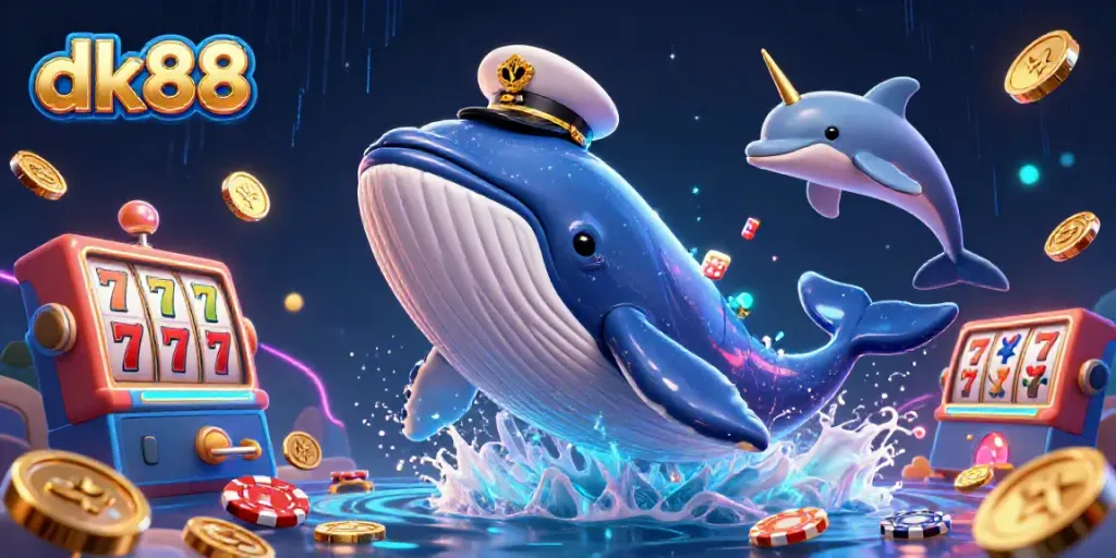 Experience excitement at DK88 casino with a vibrant scene of whales and dolphins celebrating in a pool of gold coins.