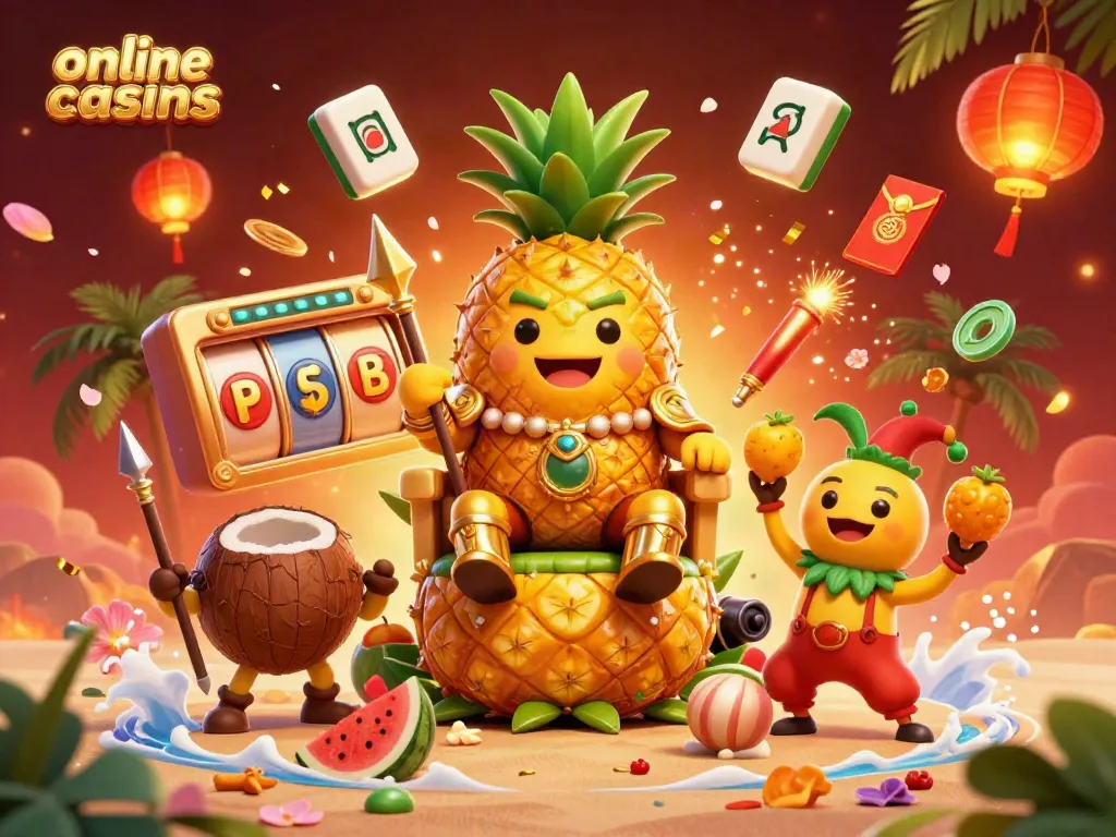 Experience the thrill of online casinos with a vibrant scene featuring a golden pineapple king and casino elements.
