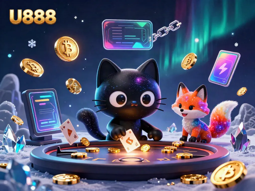 Experience the thrilling atmosphere of U888 with animated creatures at a cosmic casino table.