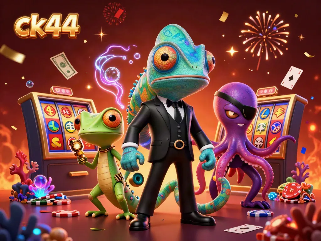 Experience thrilling gameplay with ck44's colorful casino scene featuring a secret agent chameleon and his gadgets.