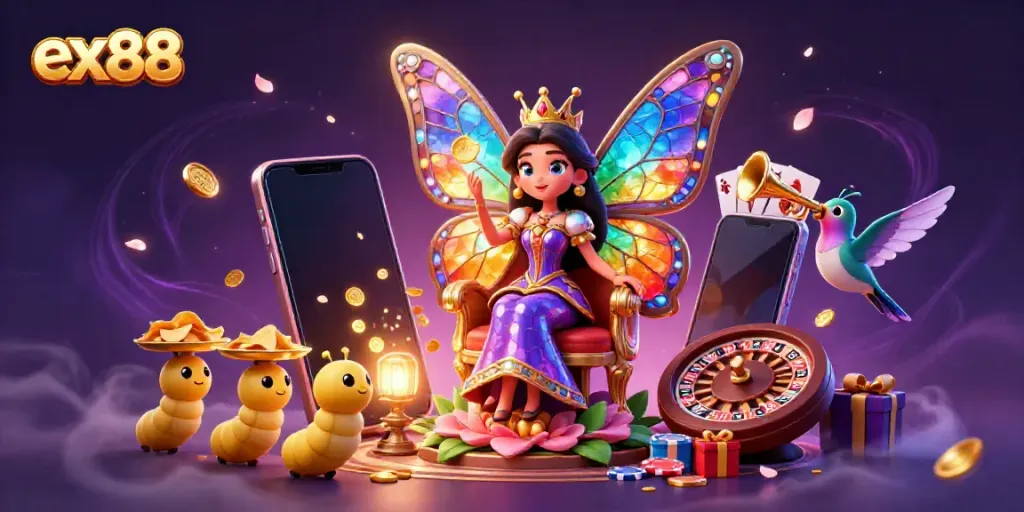 Experience the magic of gaming with ex88, featuring a vibrant casino scene and colorful characters.