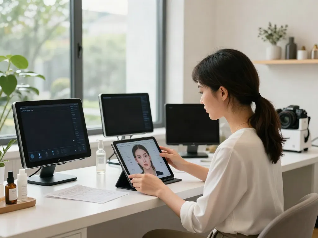 Woman exploring Alternatives to QOVES in a beauty analysis studio.