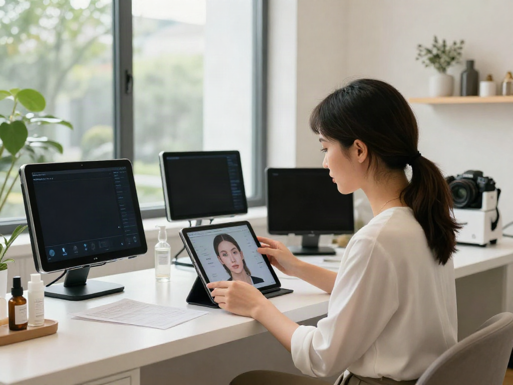 Woman exploring Alternatives to QOVES in a beauty analysis studio.