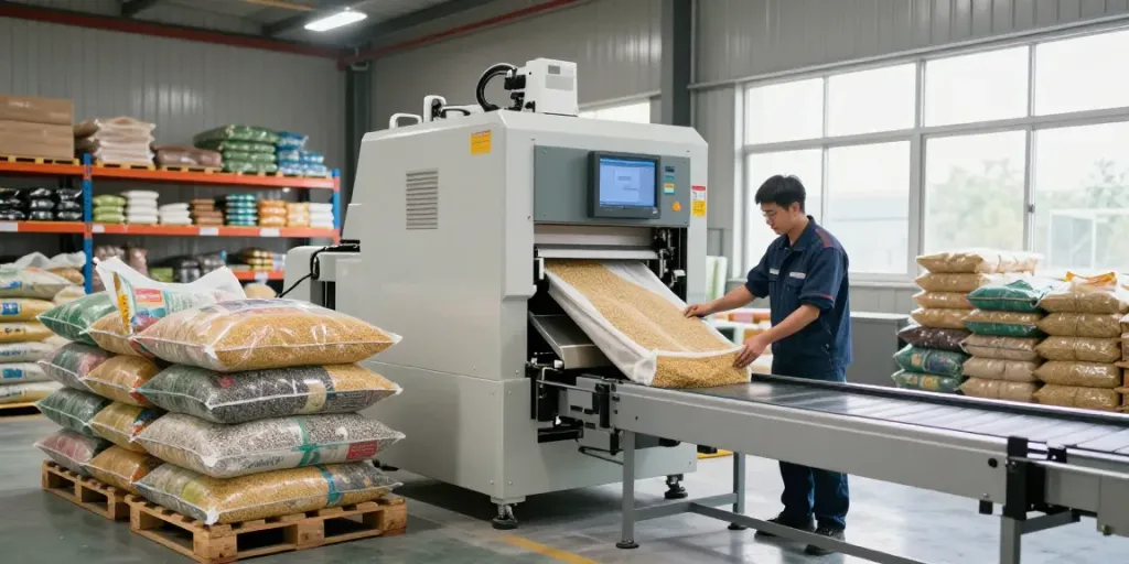 Open mouth bag filling machine efficiently packaging agricultural products in a modern factory.