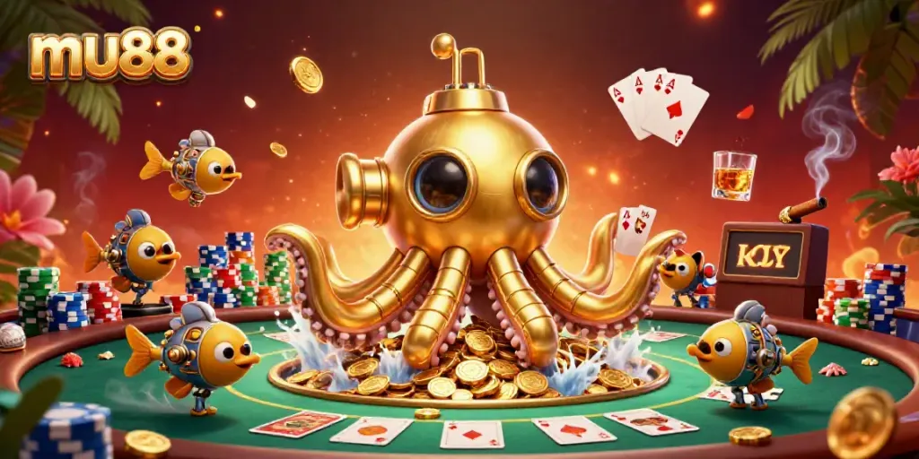 Experience the thrill of mu88 as the golden kraken submarine emerges from gold coins amidst vibrant casino elements.