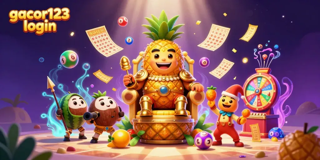Engage in winning strategies with gacor123 login featuring a vibrant 3D golden pineapple king and arcade elements.