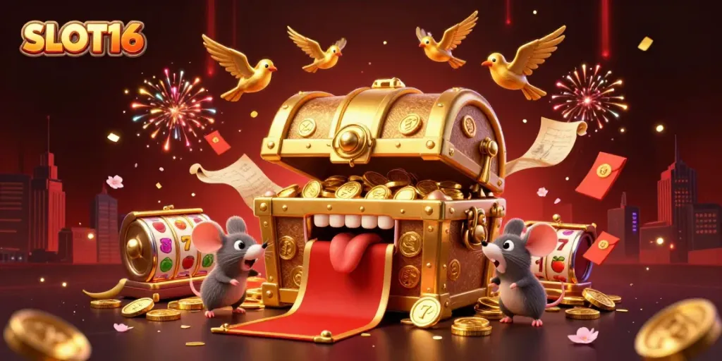 SLOT16 illustration of a golden treasure chest luring adventurer mice with spinning slot reels and fireworks