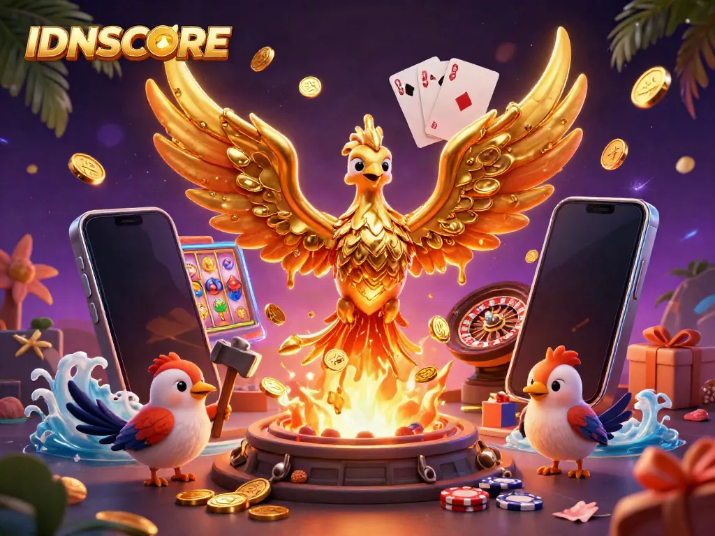 Experience the thrilling gameplay at IDNSCORE with slots and casino elements featuring a golden phoenix.