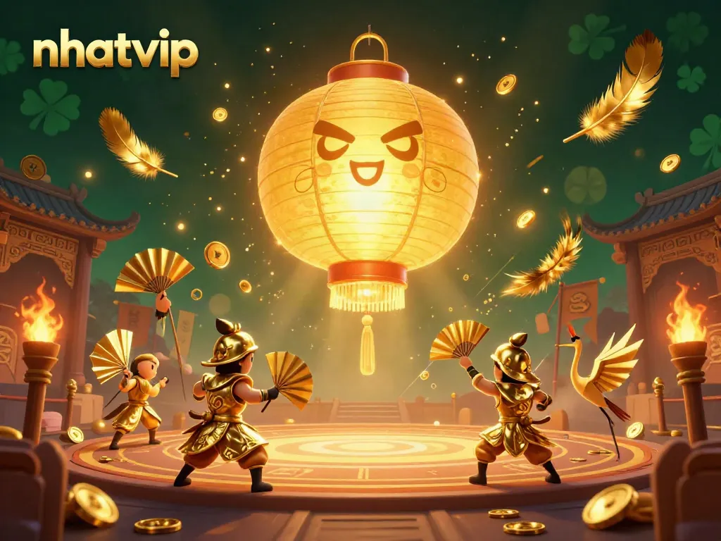 Experience the enchanting atmosphere of Nhatvip casino with golden lantern spirits and vibrant gaming elements.