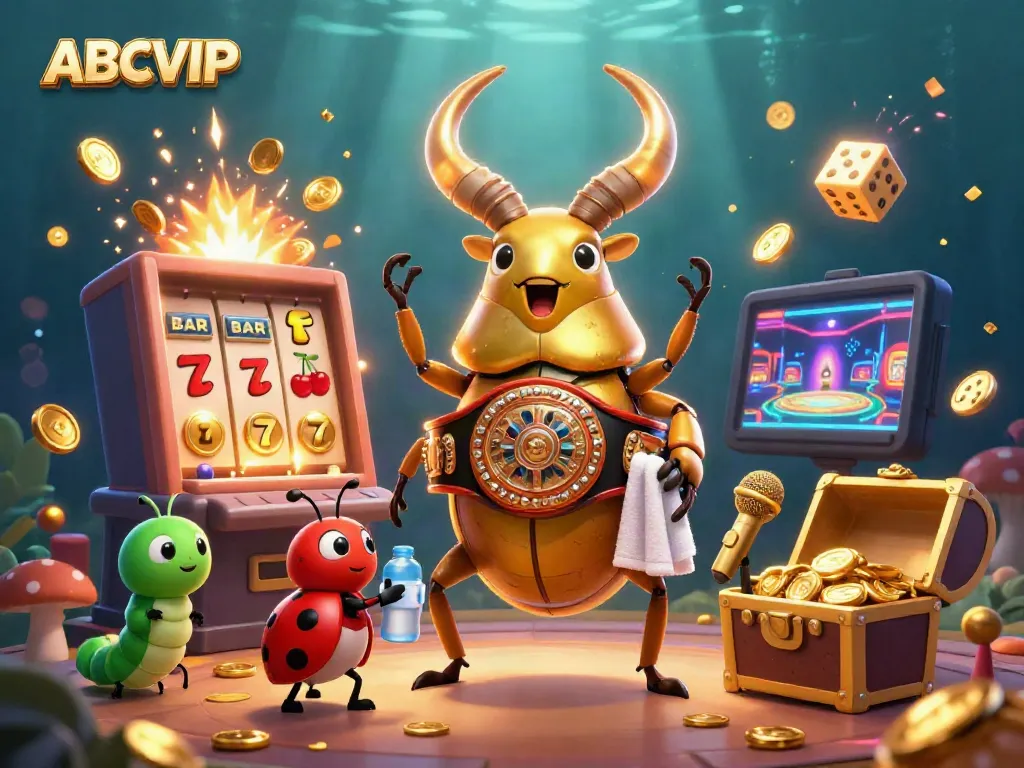 Players experience the excitement of ABCVIP with festive casino symbols and vibrant characters in an engaging jackpot scene.