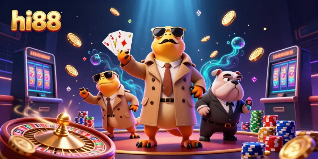 Experience thrilling gameplay at hi88 as cartoon raptors engage in a casino heist surrounded by coins.