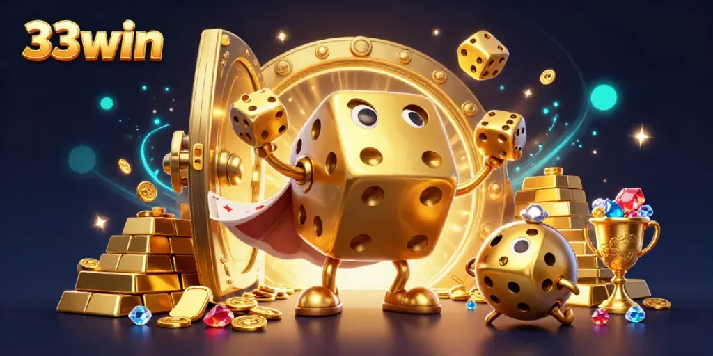 Engage with 33win's thrilling world as a golden dice golem juggles gems and wealth.