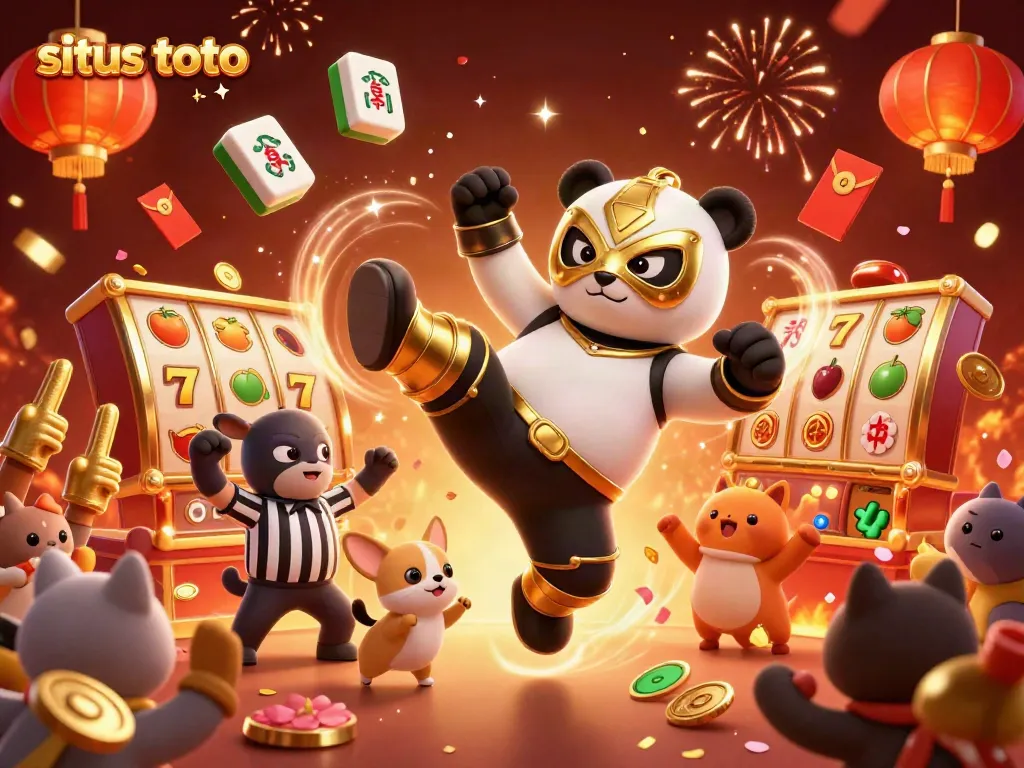 Engaging scene of a 3D wrestler panda and chihuahua referee celebrating on a vibrant situs toto casino floor.