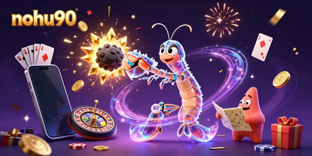 Join the cosmic adventure with nohu90 - a mantis shrimp hero in a dazzling casino scene full of fun!